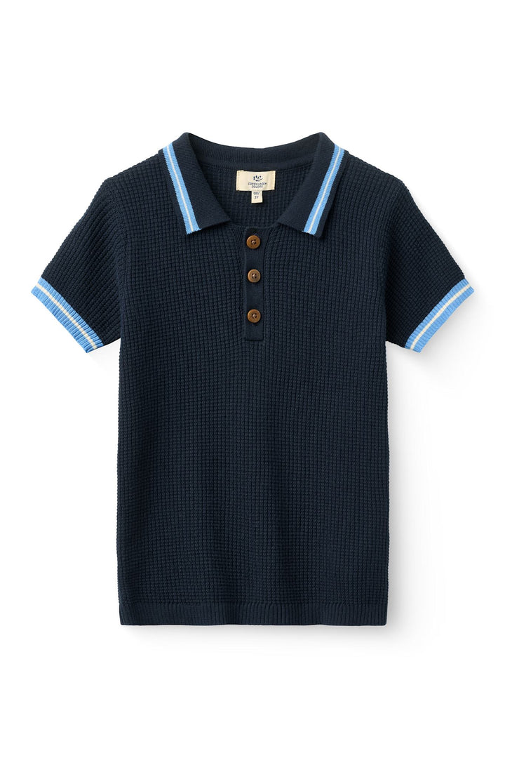 KNITTED PATTERN POLO - NAVY, BLUE, CREAM COMB.