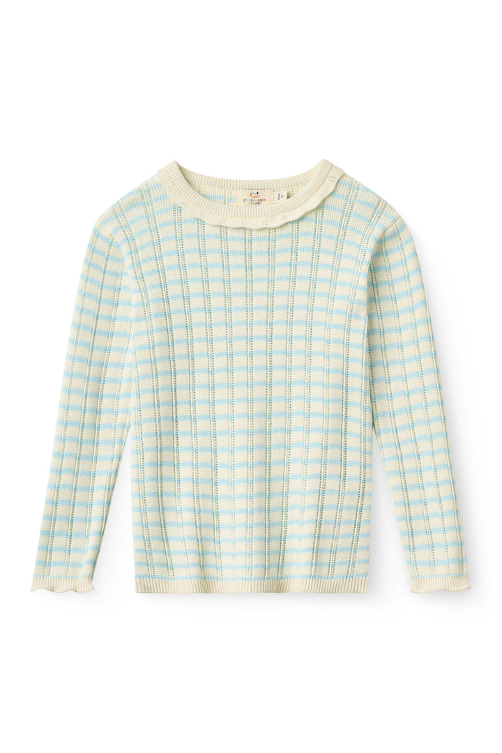 Knitted Stripe Pointelle Ls Blouse - Dusty Blue Comb.