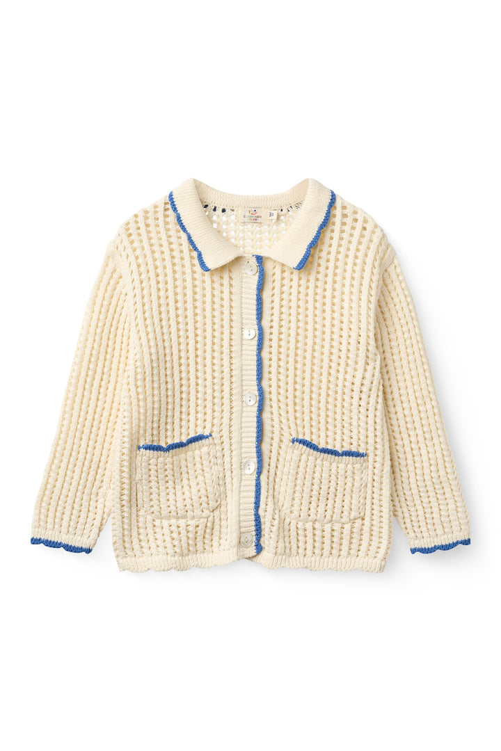 CROCHET LS CARDIGAN - CREAM W OCEAN BLUE