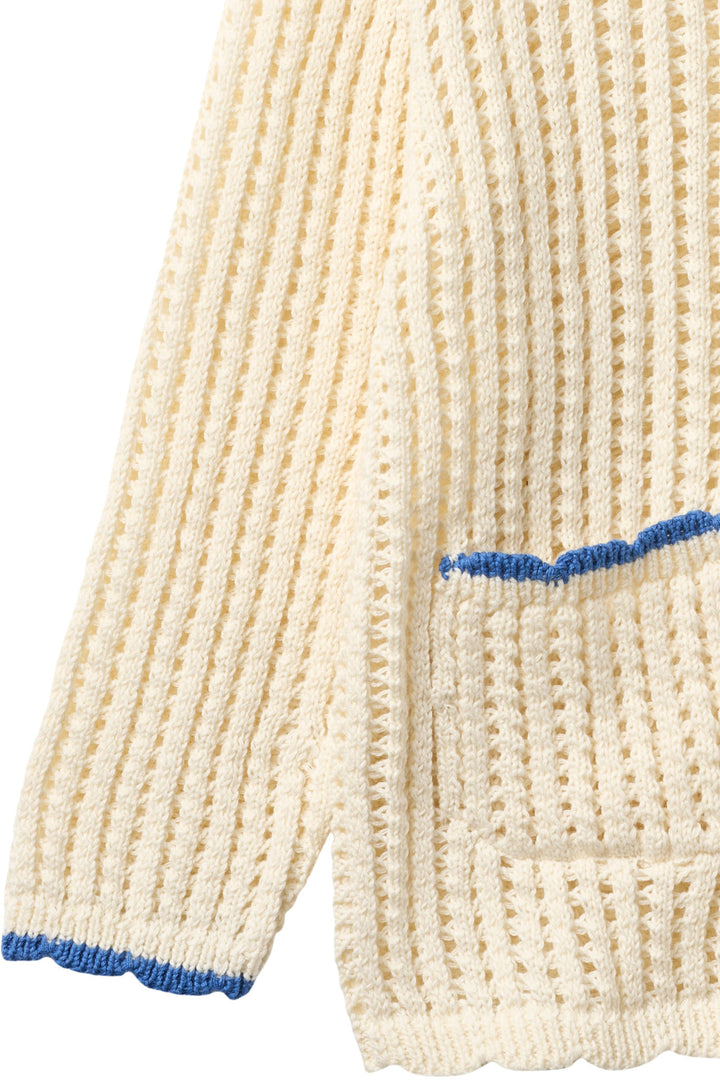 CROCHET LS CARDIGAN - CREAM W OCEAN BLUE