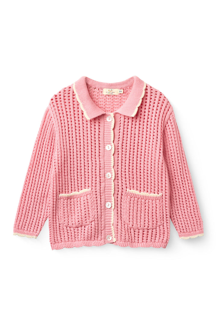 CROCHET LS CARDIGAN - PINK W CREAM