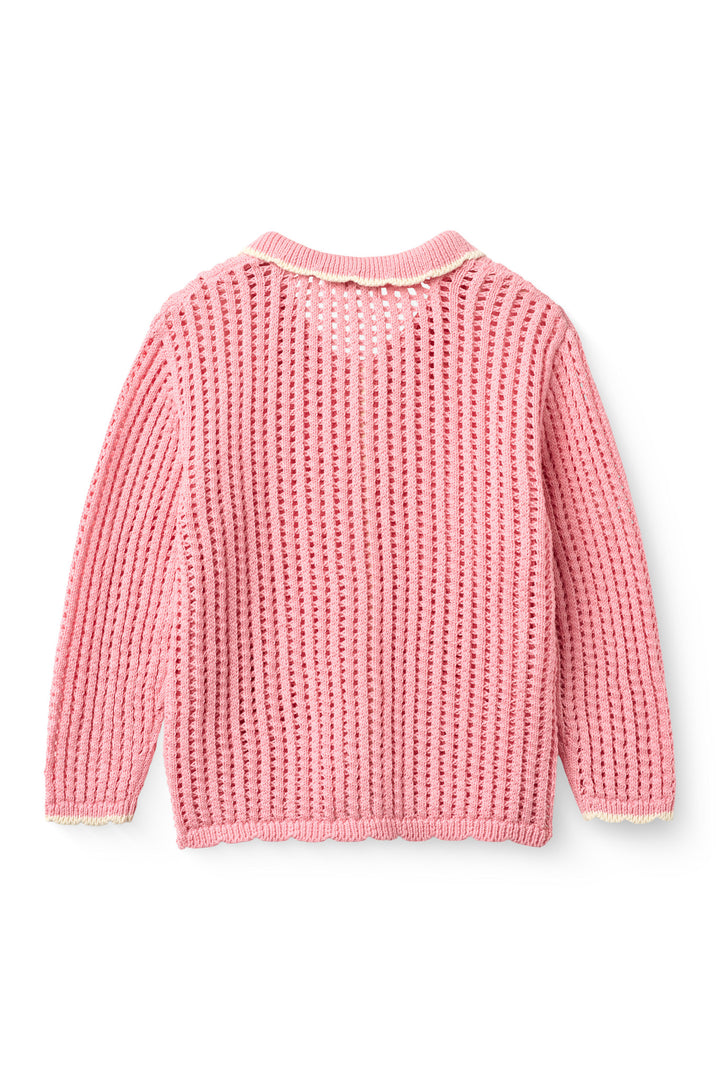 CROCHET LS CARDIGAN - PINK W CREAM