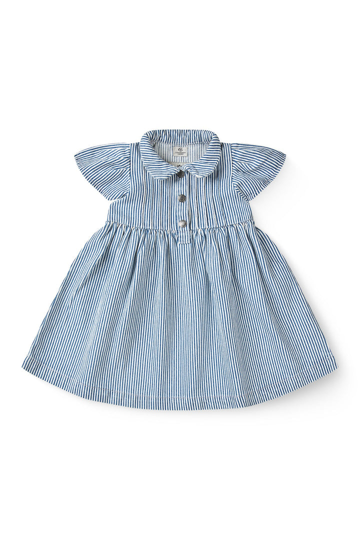Y/D STRIPE DRESS W. FRILL SLEEVES - DENIM BLUE STRIPE