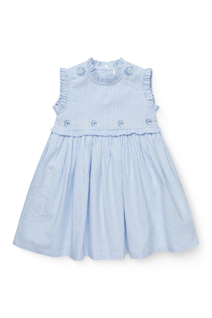 SEERSUCKER DRESS W. RUFFLES AND EMB. - SKY BLUE W CREAM STRIPE