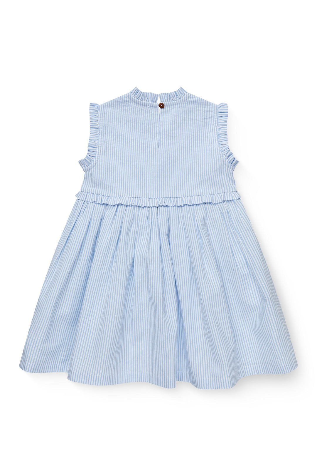 SEERSUCKER DRESS W. RUFFLES AND EMB. - SKY BLUE W CREAM STRIPE