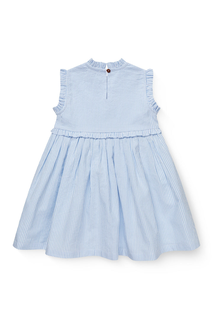SEERSUCKER DRESS W. RUFFLES AND EMB. - SKY BLUE W CREAM STRIPE