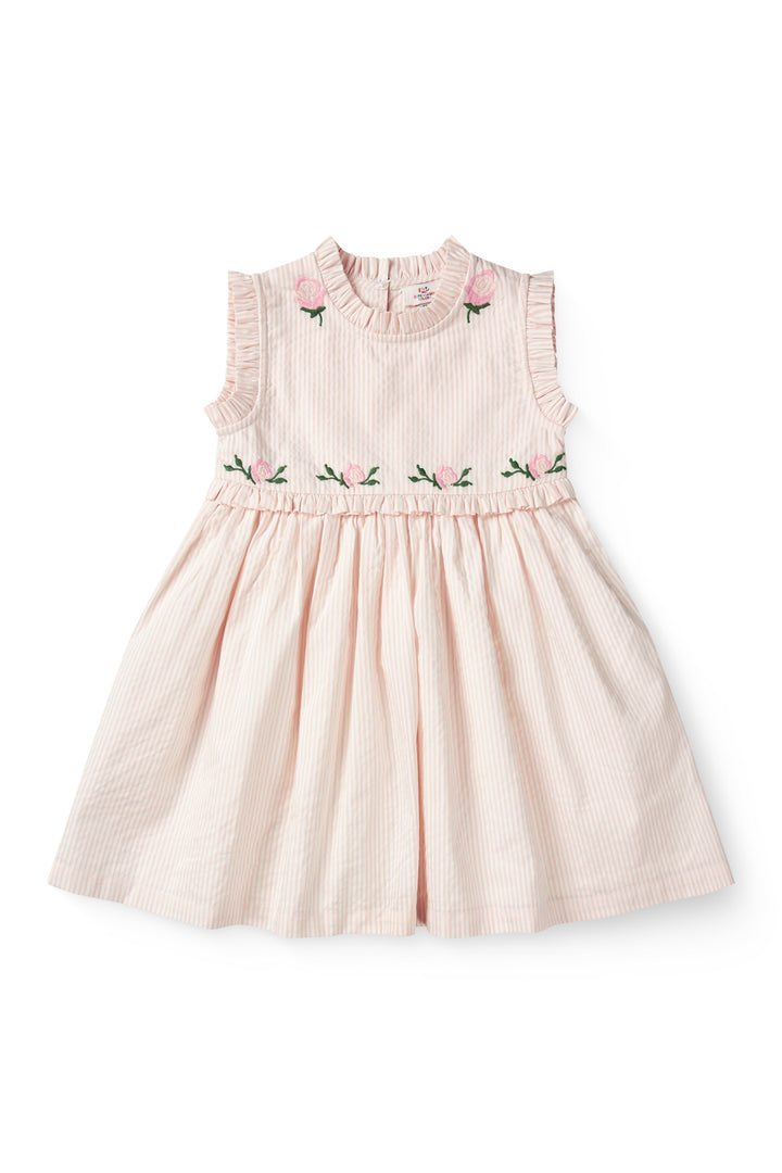 SEERSUCKER DRESS W. RUFFLES AND EMB. - DUSTY ROSE W CREAM STRIPE