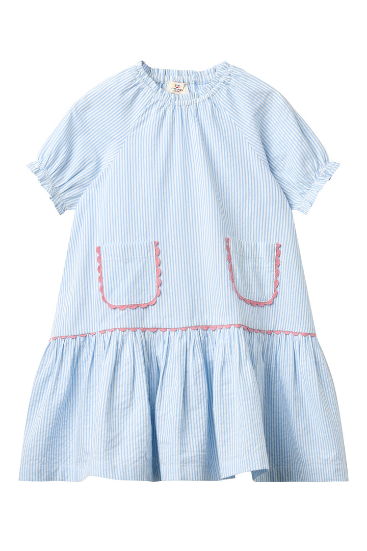 SEERSUCKER DRESS W. POCKETS - SKY BLUE W CREAM STRIPE