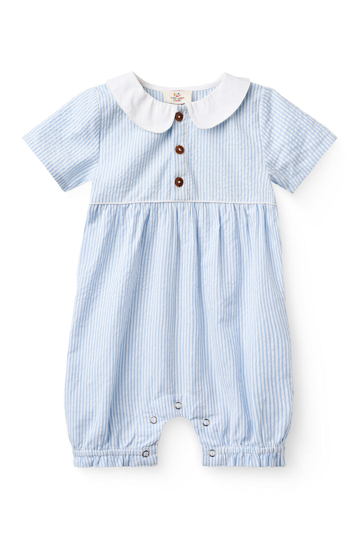 SEERSUCKER ROMPER W. COLLAR - SKY BLUE W CREAM STRIPE