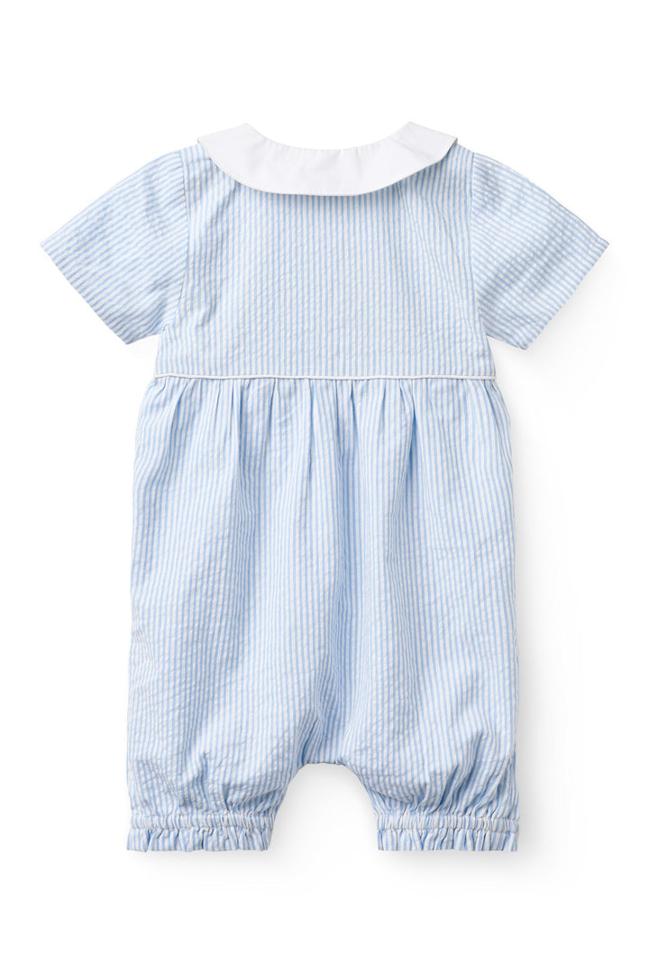 SEERSUCKER ROMPER W. COLLAR - SKY BLUE W CREAM STRIPE