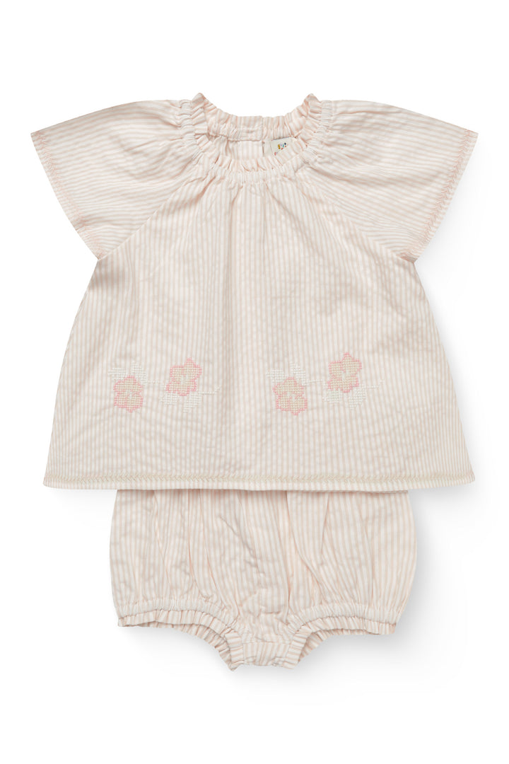 SEERSUCKER BABY-SET W. EMBROIDERY - DUSTY ROSE W CREAM STRIPE W. FLOWER