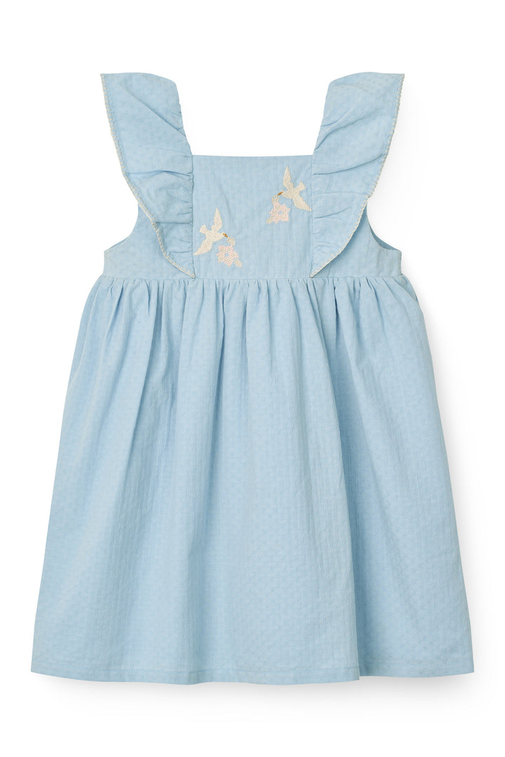 DRESS W. FRILL & EMB. - LT. BLUE COMB.