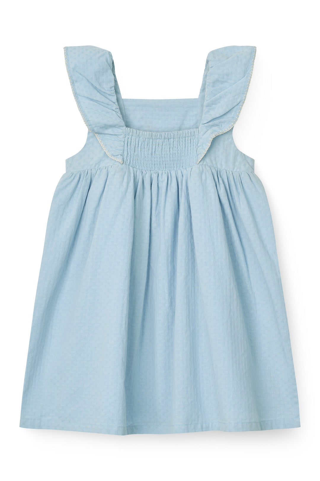 DRESS W. FRILL & EMB. - LT. BLUE COMB.