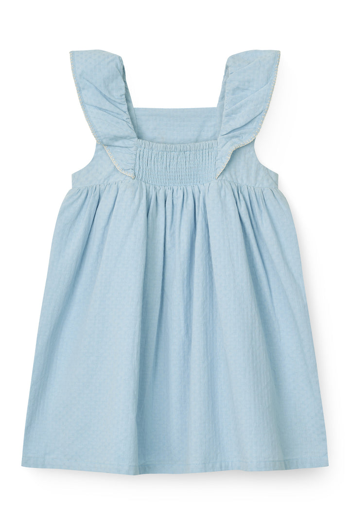 DRESS W. FRILL & EMB. - LT. BLUE COMB.