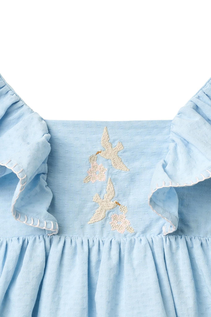 DRESS W. FRILL & EMB. - LT. BLUE COMB.