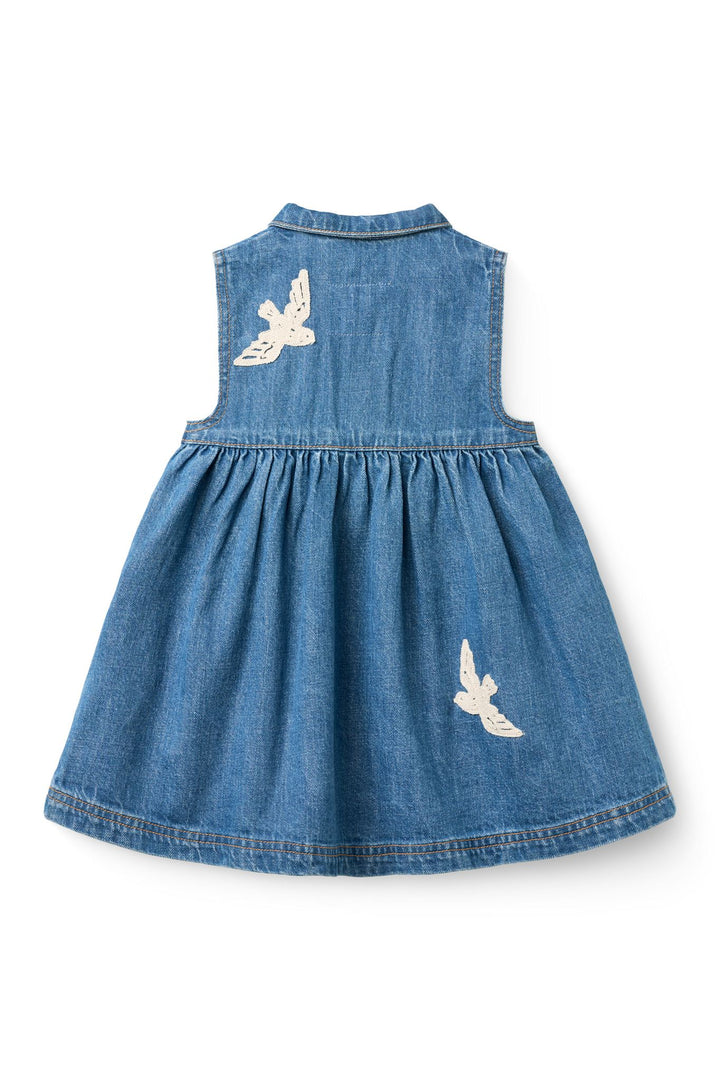 DENIM DRESS W. CROCHET DOVES - INDIGO BLUE WASHED