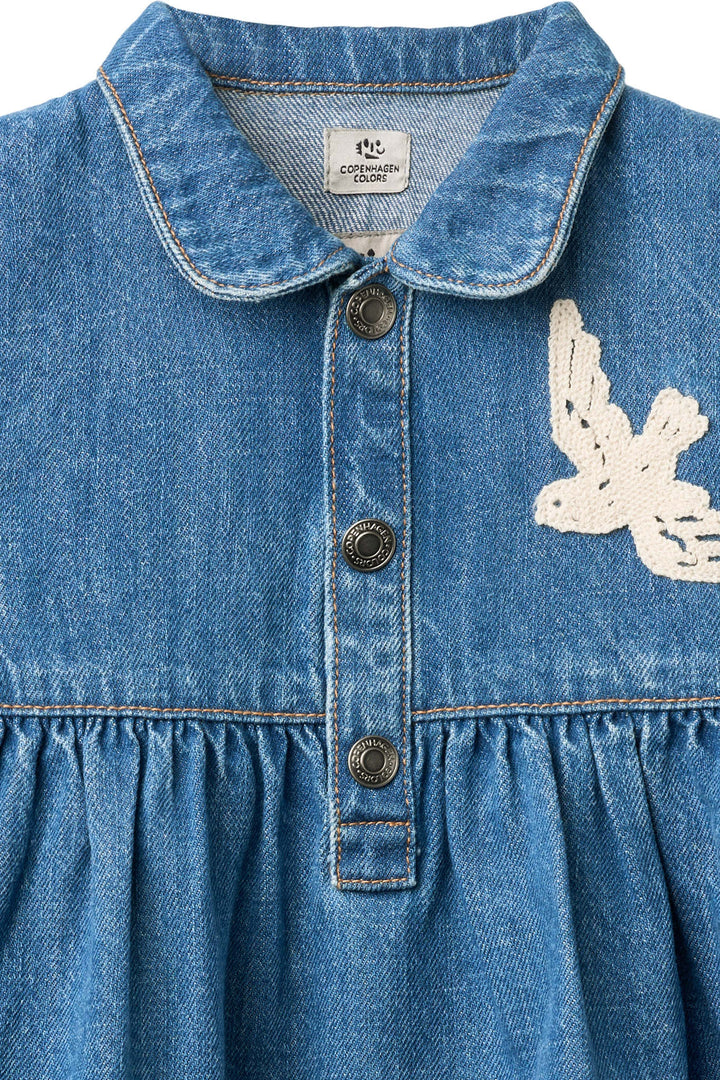 DENIM DRESS W. CROCHET DOVES - INDIGO BLUE WASHED