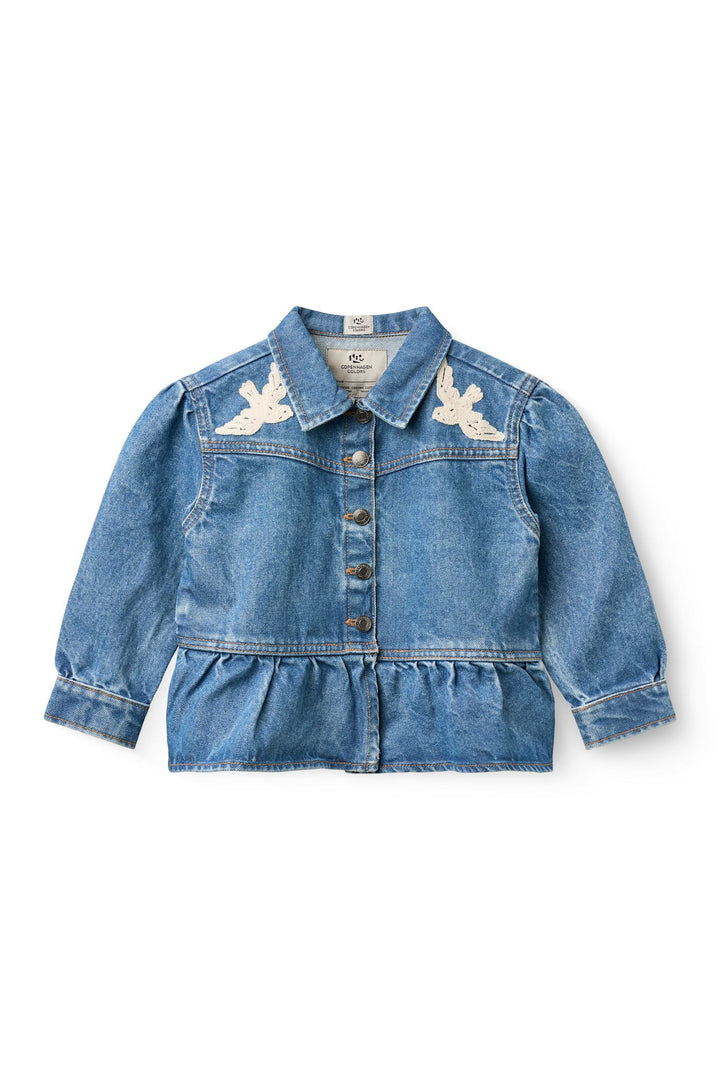 DENIM FRILL JACKET W. CROCHET DOVES - INDIGO BLUE WASHED