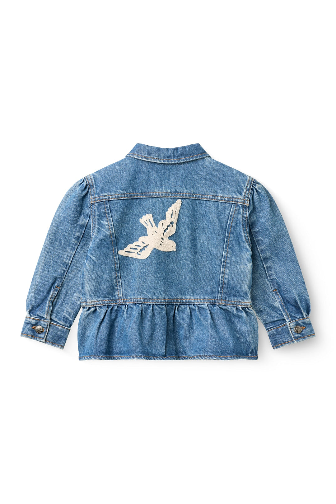 DENIM FRILL JACKET W. CROCHET DOVES - INDIGO BLUE WASHED