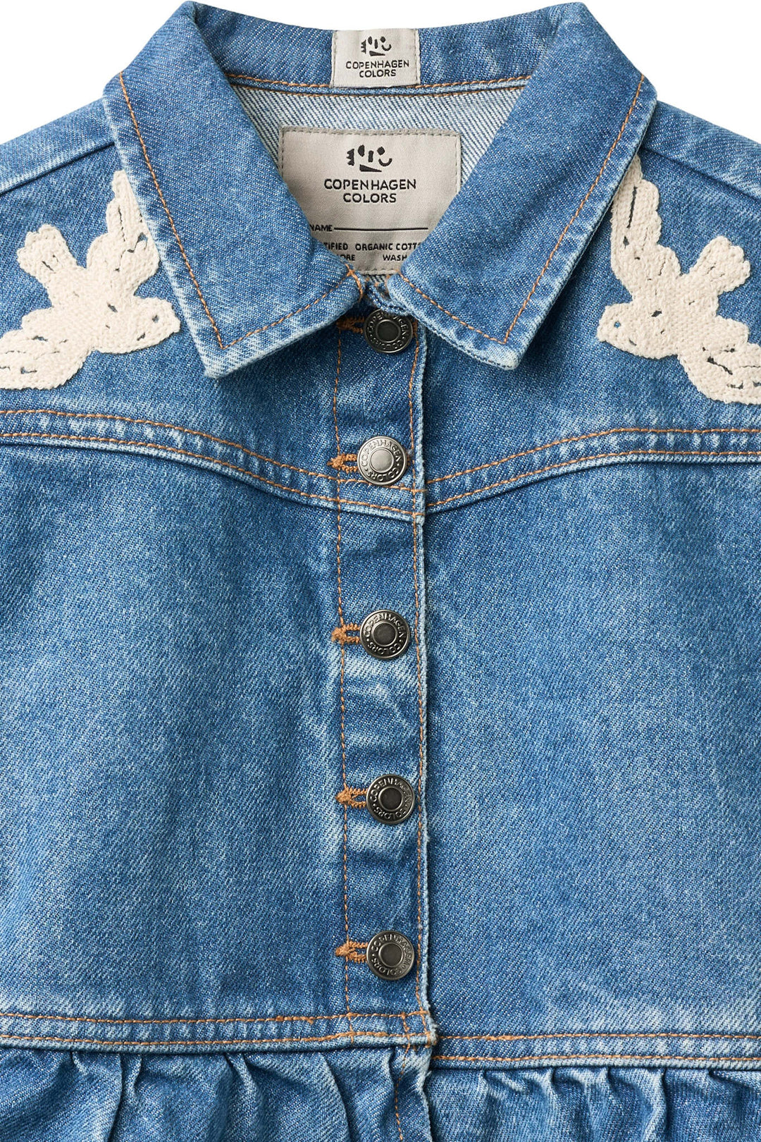 DENIM FRILL JACKET W. CROCHET DOVES - INDIGO BLUE WASHED