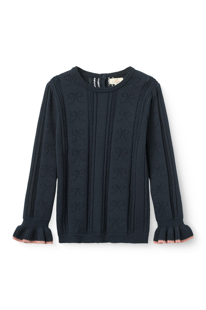 Pointelle Blouse w. Bow - Navy Comb.