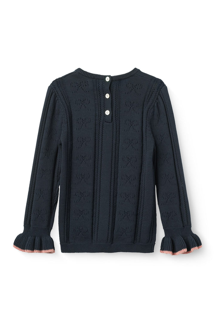 Pointelle Blouse w. Bow - Navy Comb.