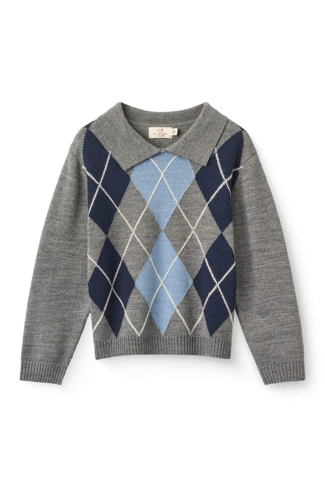 Merino Knitted Argyle Pull Over w. Collar - Grey Melange Comb.