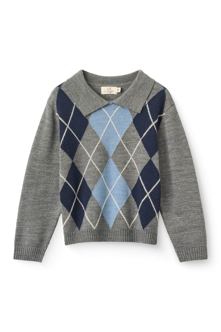 Merino Knitted Argyle Pull Over w. Collar - Grey Melange Comb.