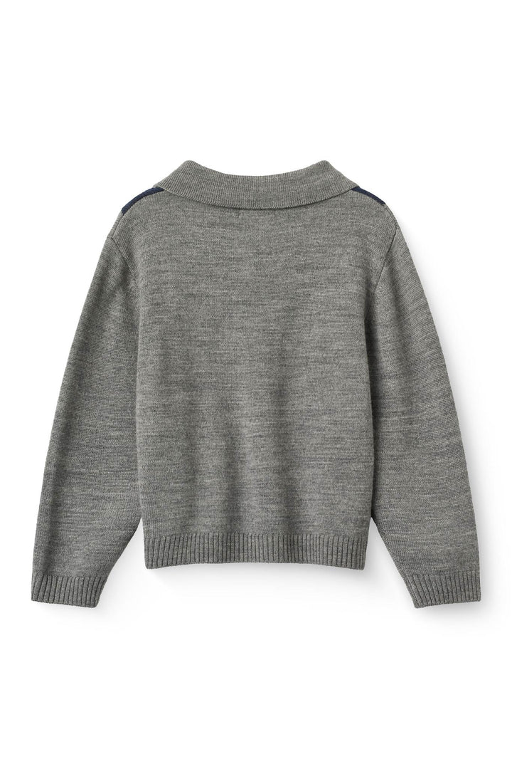 Merino Knitted Argyle Pull Over w. Collar - Grey Melange Comb.