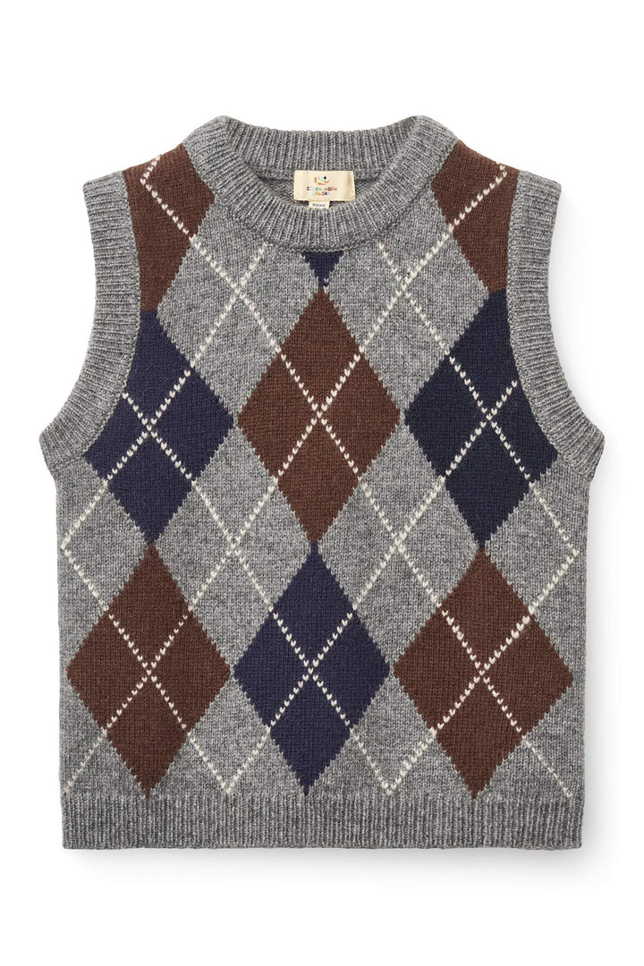 Argyle Knitted Vest - Grey Mel./Dk. Brown/Navy Comb.