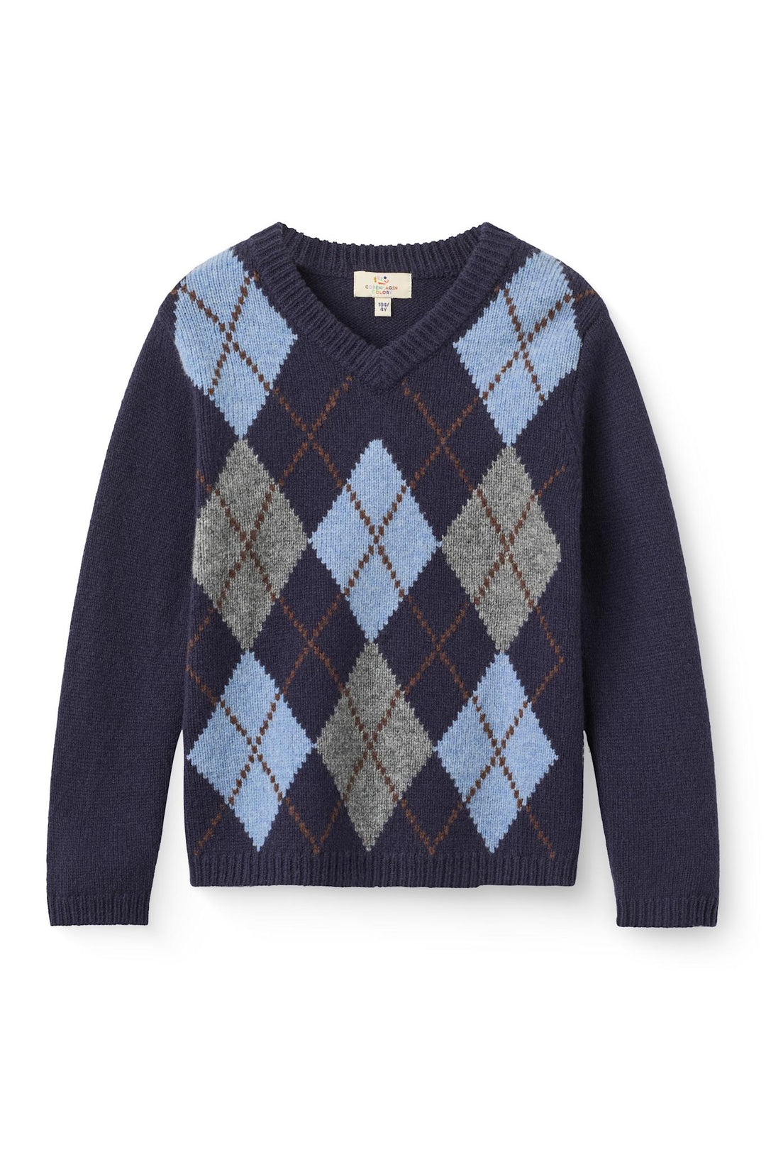 Knitted Argyle V Neck Pullover - Navy Melange Comb.