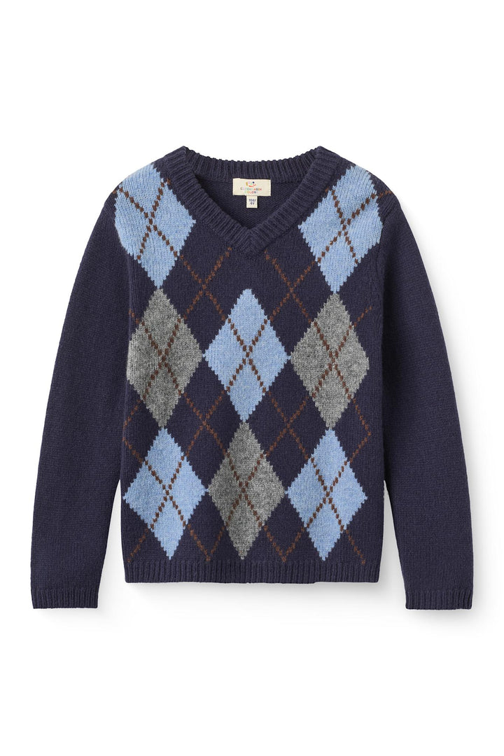 Knitted Argyle V Neck Pullover - Navy Melange Comb.