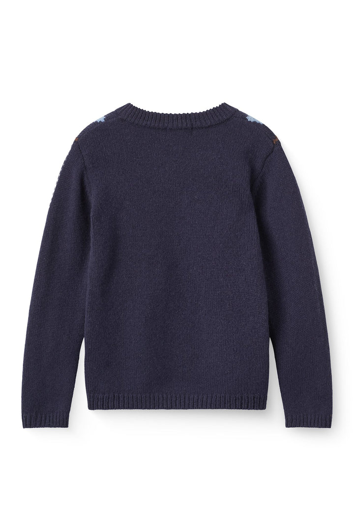 Knitted Argyle V Neck Pullover - Navy Melange Comb.
