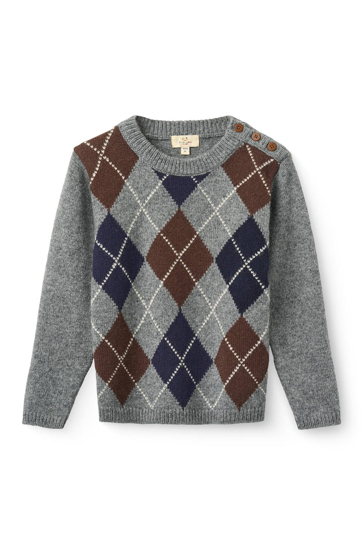 Argyle Knitted Pullover - Grey Mel./Dk. Brown/Navy Comb.