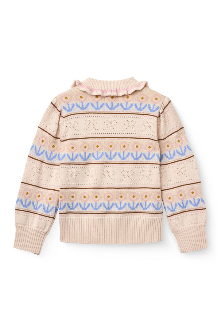 Knitted Collar Blouse w. Pointelle & Pattern - Beige Comb.