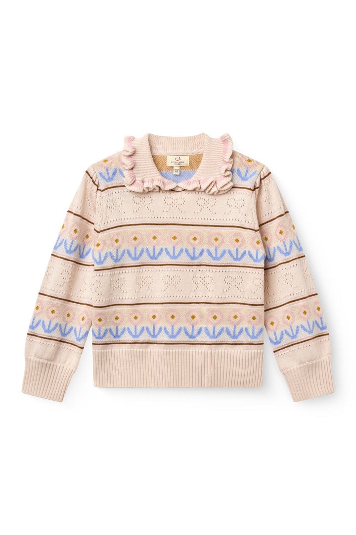 Knitted Collar Blouse w. Pointelle & Pattern - Beige Comb.