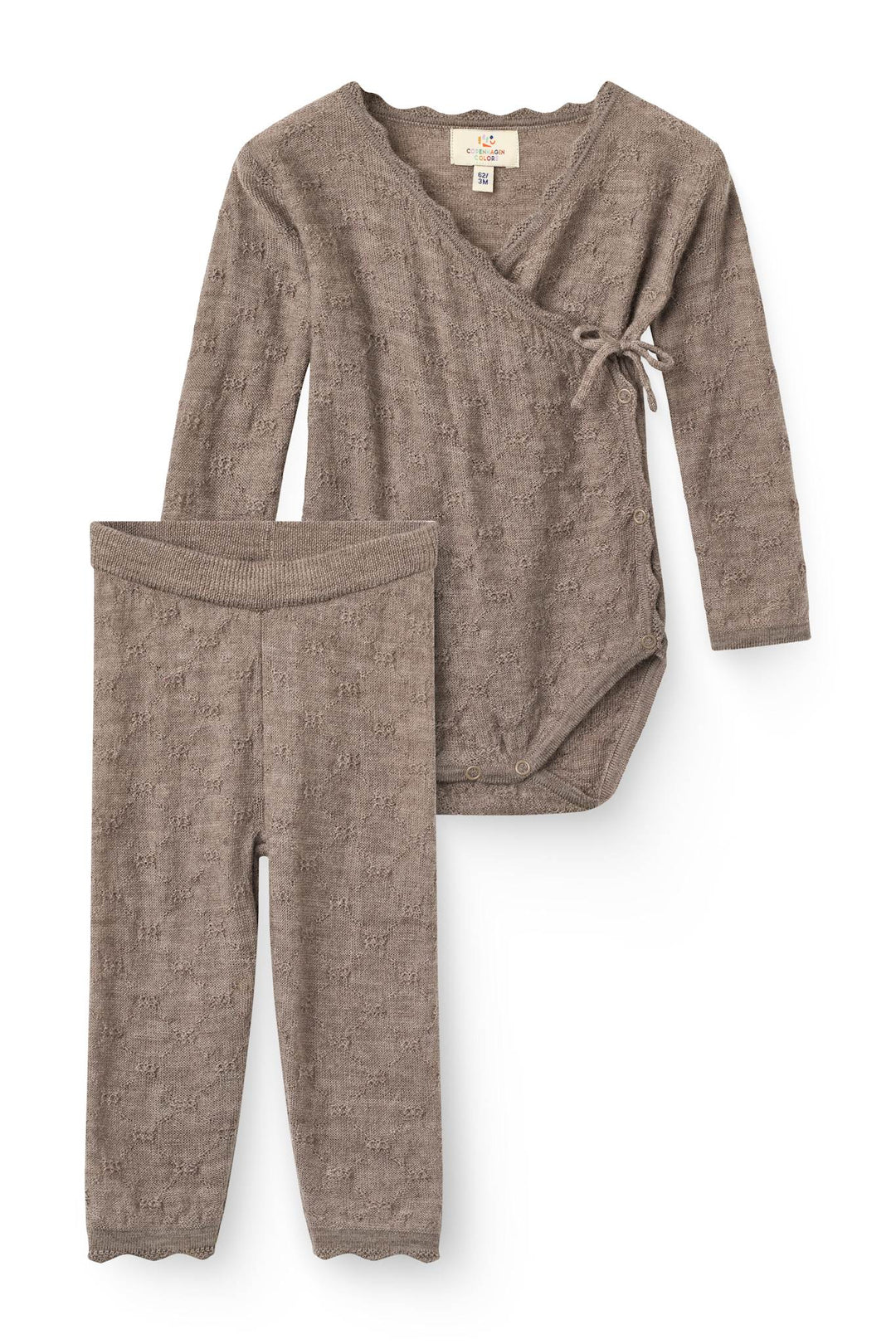 2-Pack Knitted Pointelle Cross-Over Body w. Scallop Edge & Leggings - Natural Melange