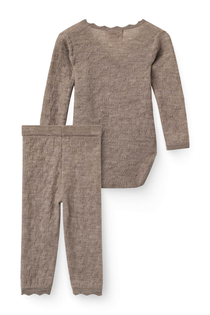 2-Pack Knitted Pointelle Cross-Over Body w. Scallop Edge & Leggings - Natural Melange