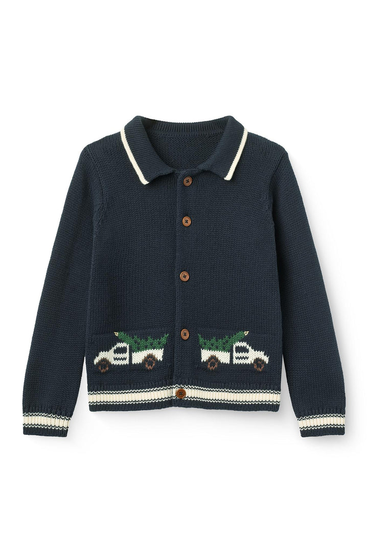 Knitted Cardigan w. Jacquard - Navy Comb.