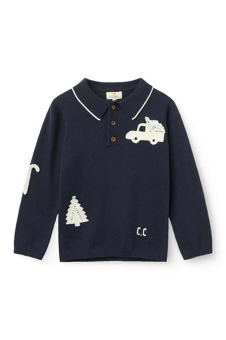 Knitted Polo w. Crochet Patches - NAVY/ CREAM COMB