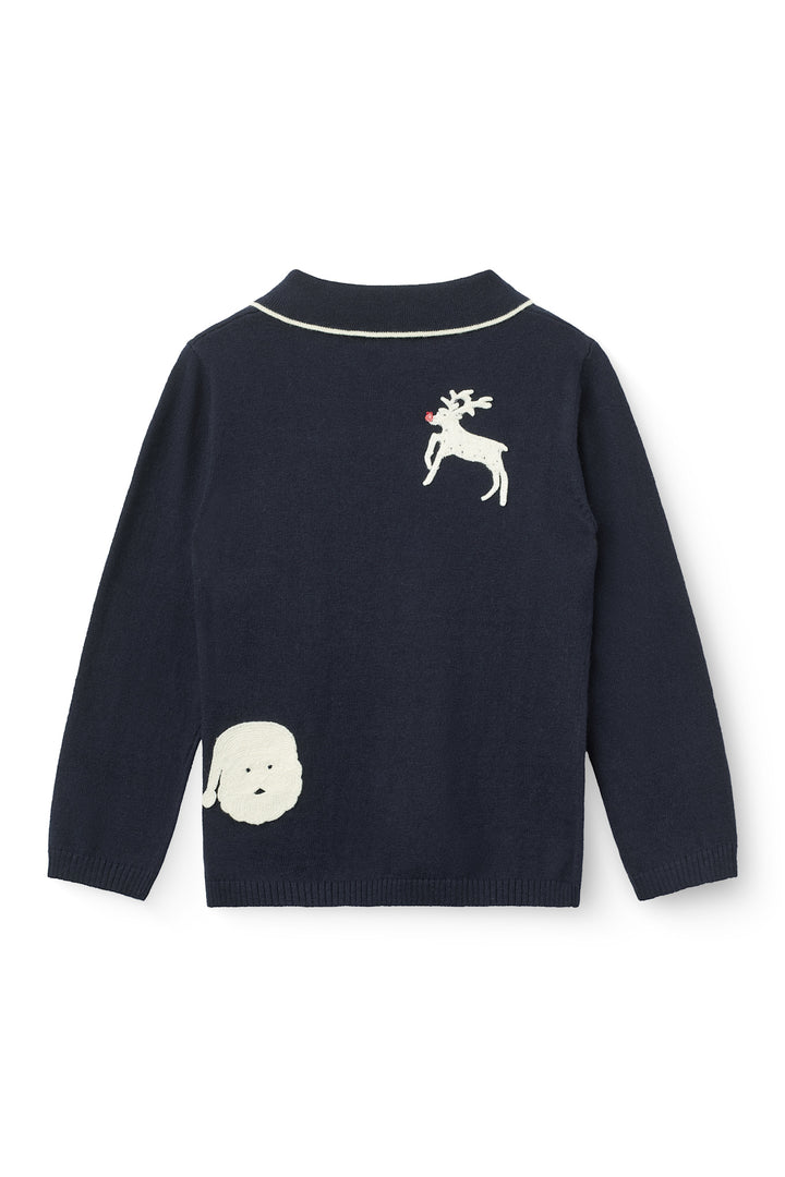 Knitted Polo w. Crochet Patches - NAVY/ CREAM COMB