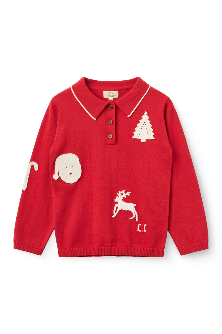 Knitted Polo w. Crochet Patches - RED/ CREAM COMB