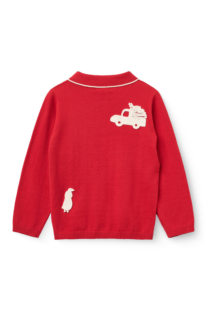 Knitted Polo w. Crochet Patches - RED/ CREAM COMB