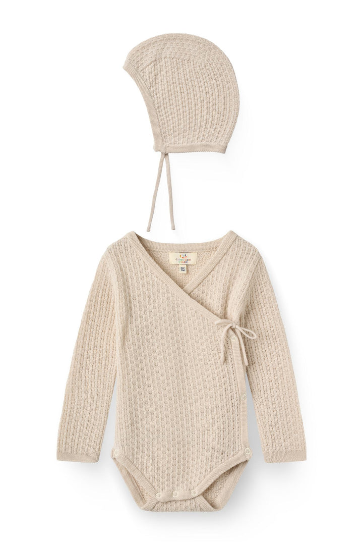 2-Pack Merino Pointelle Baby Cross-Over & Baby Bonnet Hat - Pale Cream