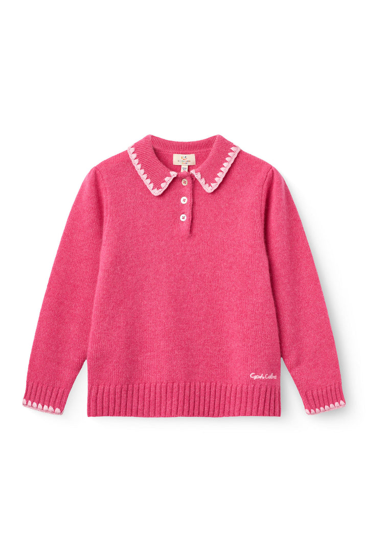 Cashmere Blouse w. Collar & Blanket Stitch - Fuschsia Comb.