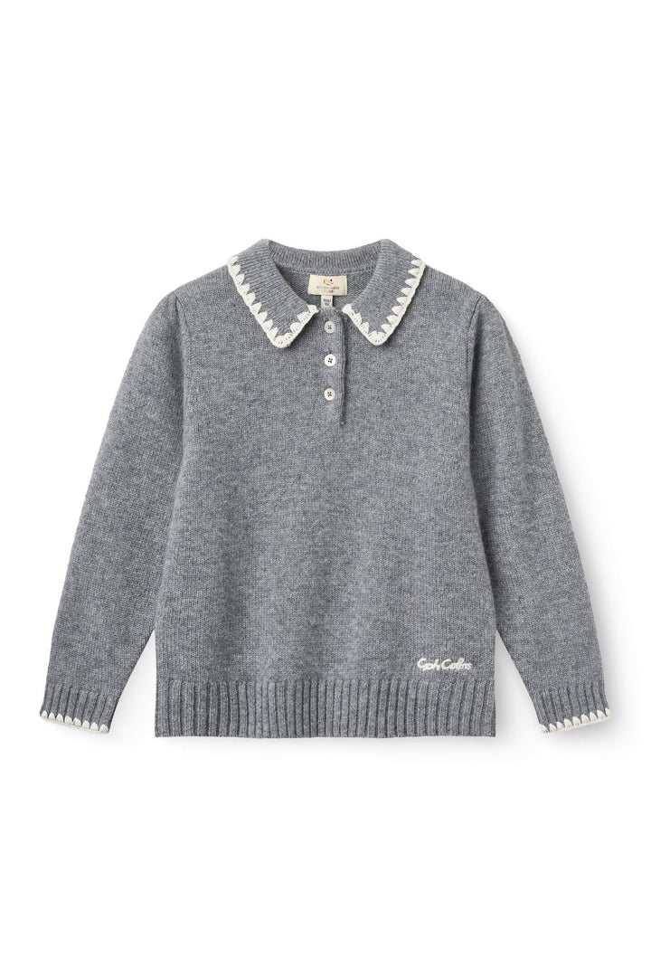 Cashmere Blouse w. Collar & Blanket Stitch - Grey Melange Comb.