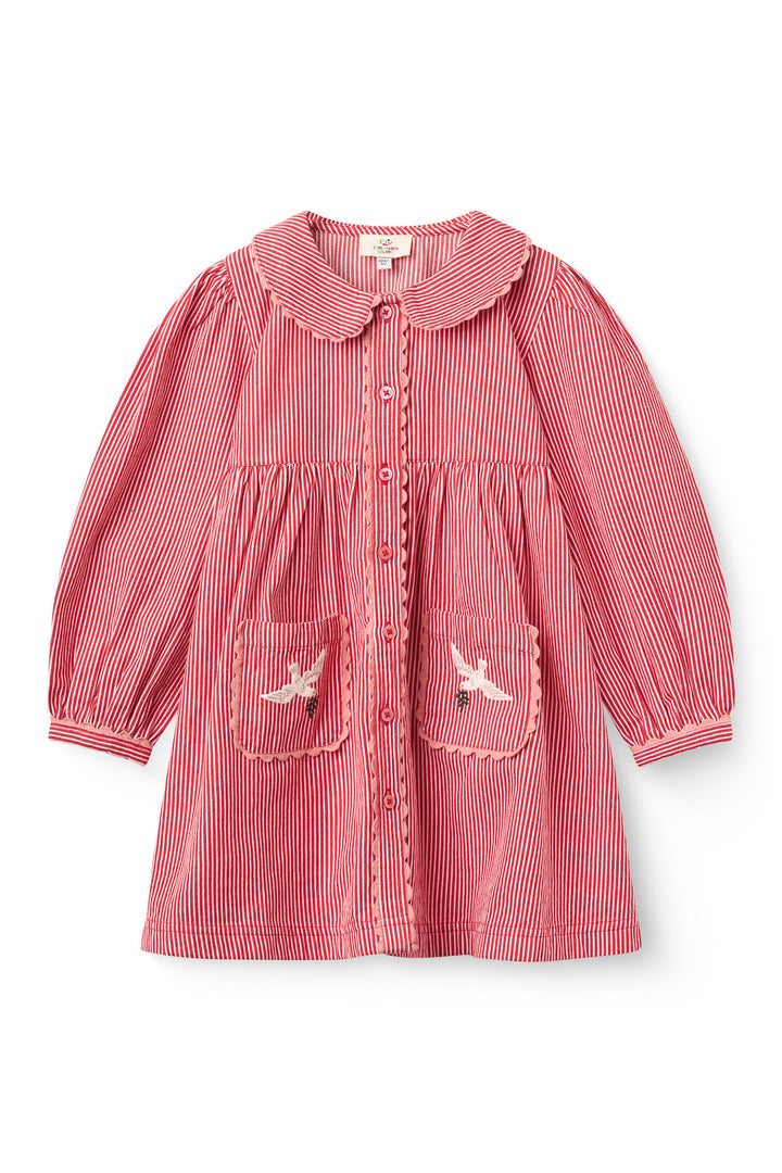 Striped Dress w. Piping Embroidery - Red Stripe