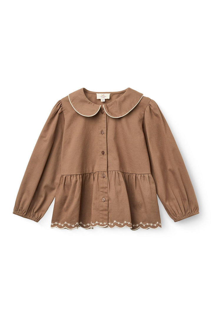 Twill Blouse w. Embroidery - Walnut