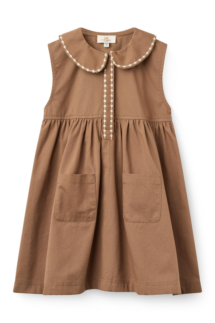 Collar Dress w. Embroidery & Pokets - WALNUT
