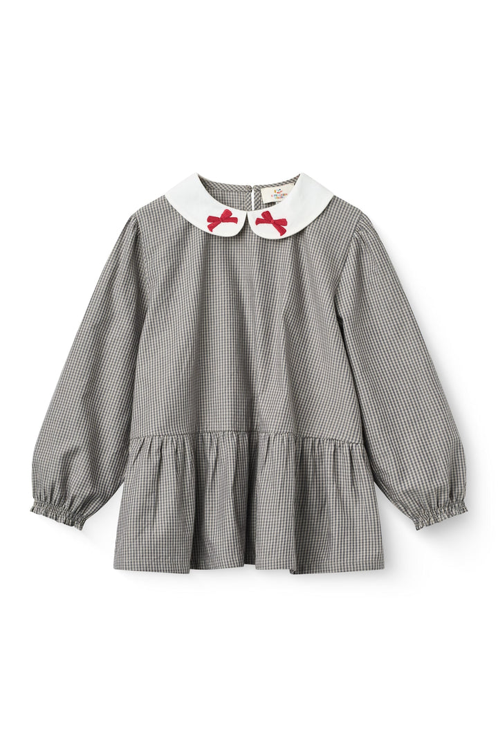 Blouse w. Collar Embroidery - Grey Check Comb.